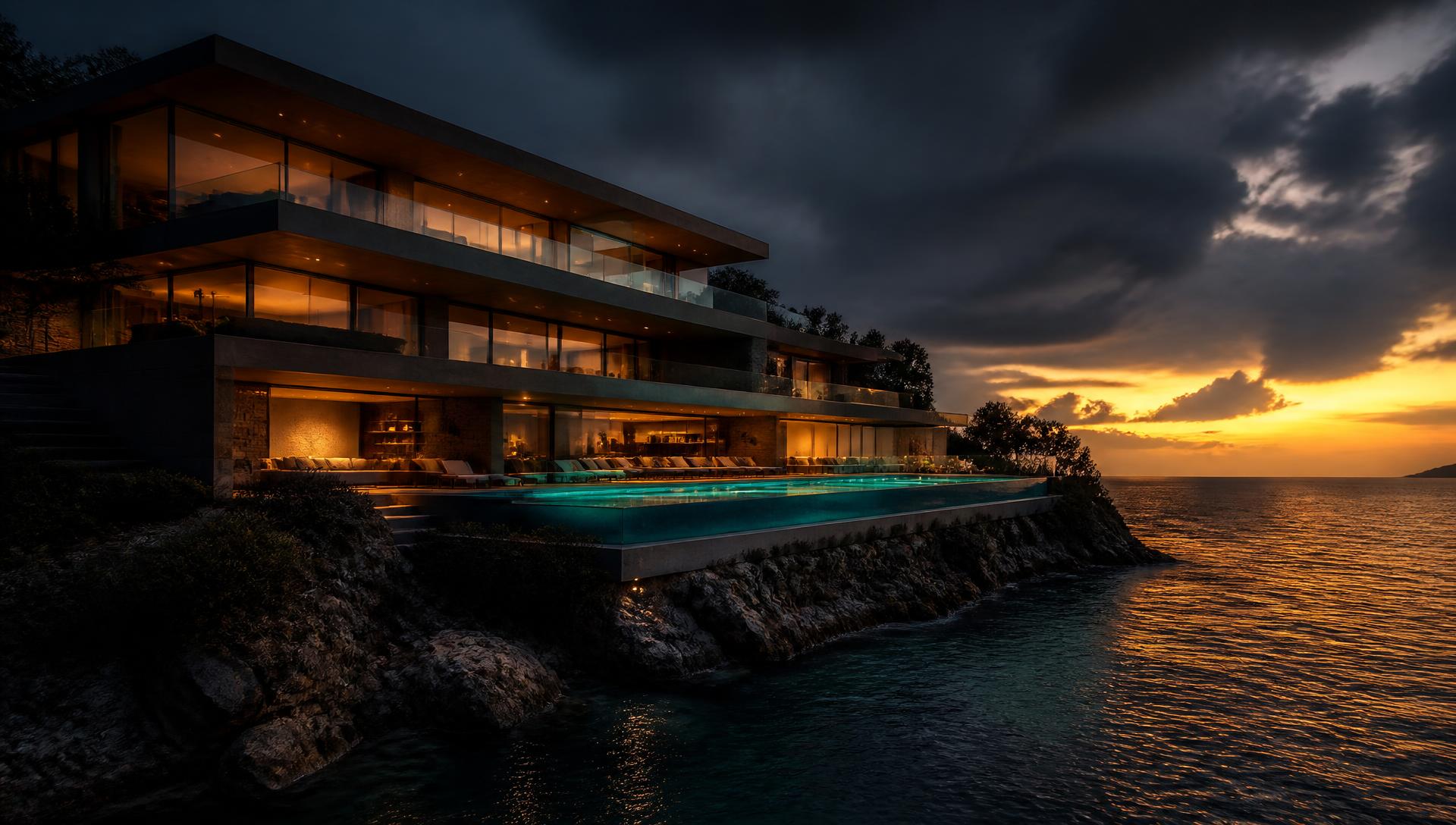 Villa contemporaine en bord d'océan illuminée au coucher du soleil