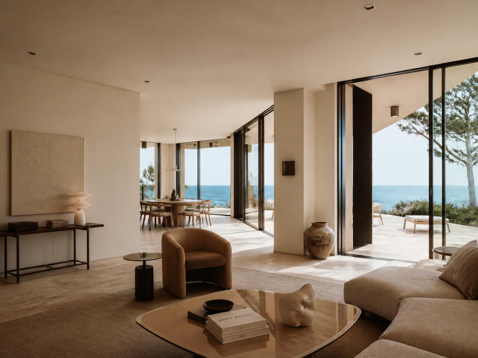 Intérieur de villa de luxe minimaliste en travertin ouvert sur la mer